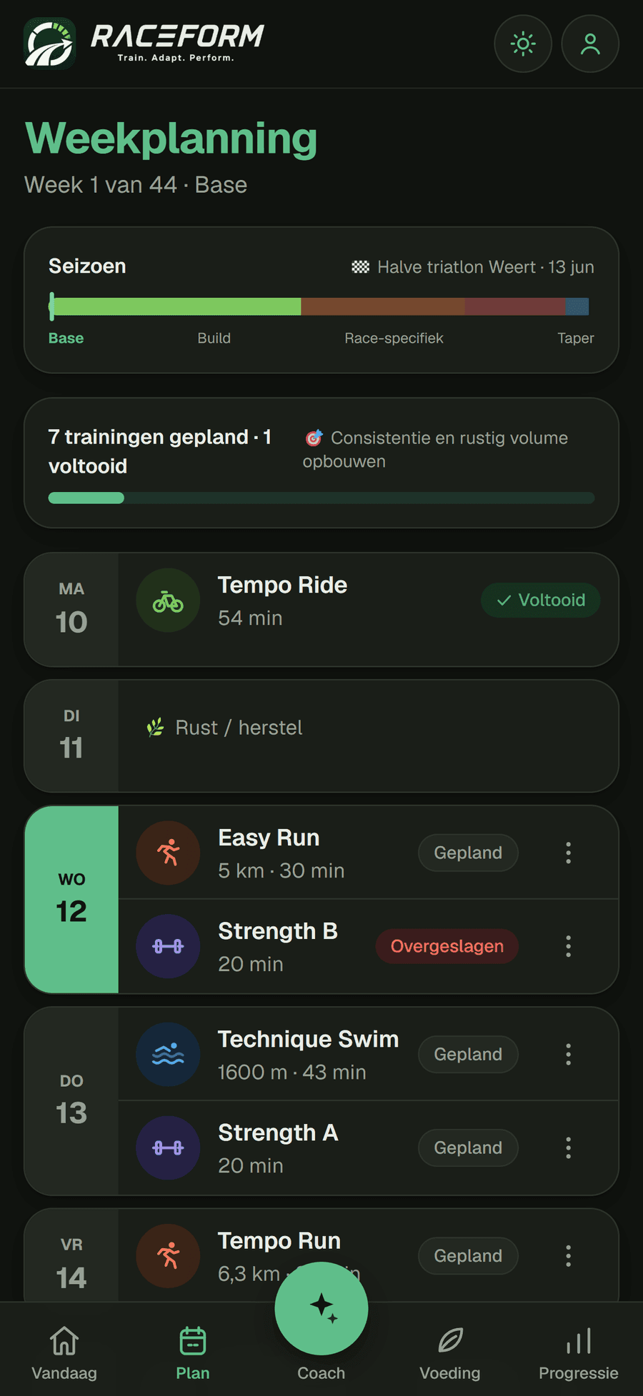 Weekplanning met de trainingen per dag en de fase van het seizoen