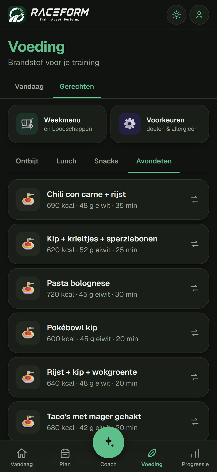 Voedingsscherm met avondmaaltijden, elk met calorieën, eiwit en bereidingstijd
