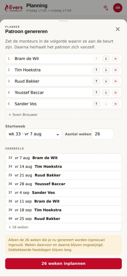 Patroongenerator die monteurs in volgorde zet en het rooster vooruit invult